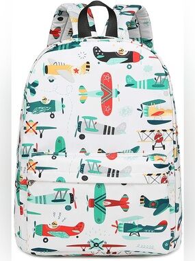 CAMTOP Kids Airplane Pattern Backpack - White with Teal & Red Accents.
